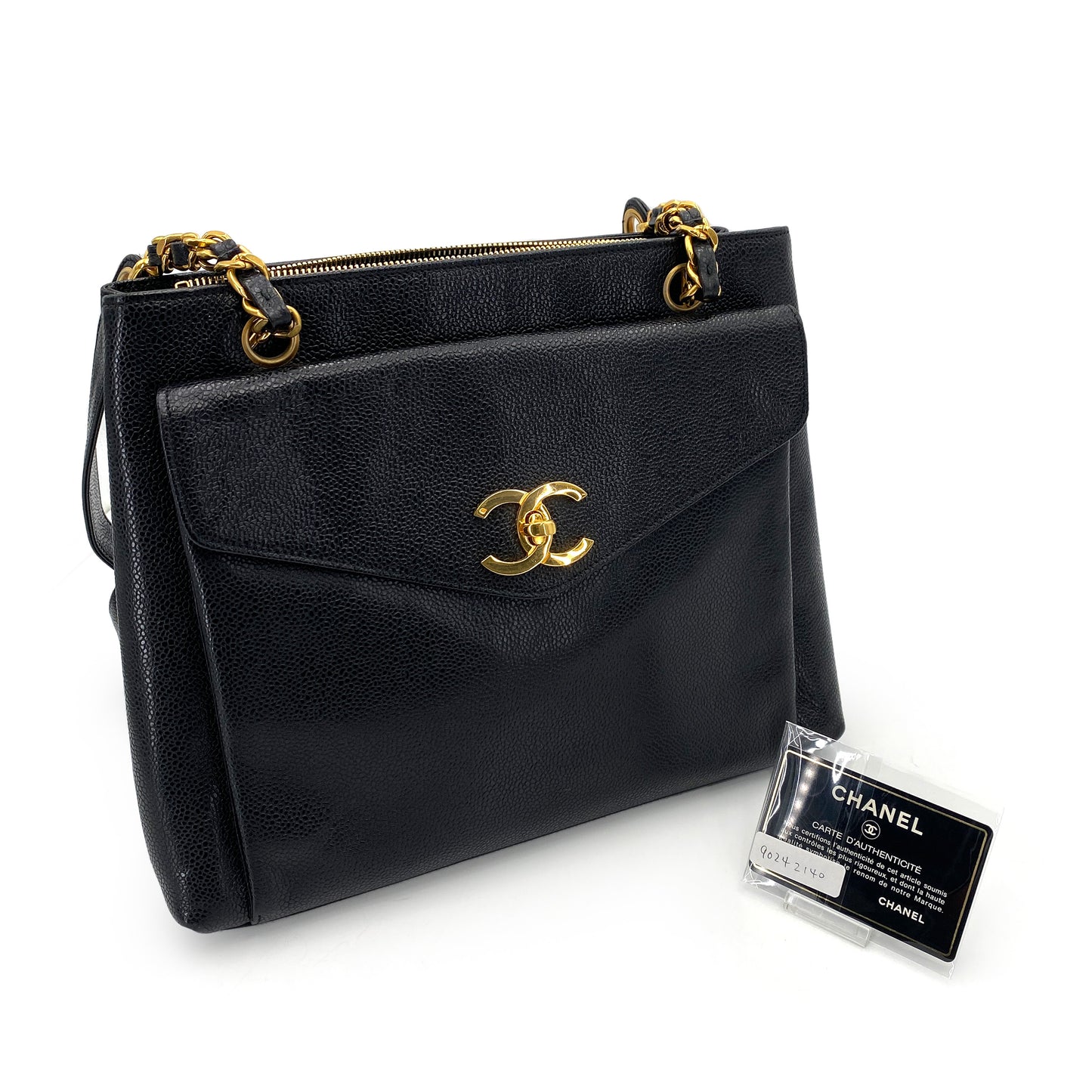 CHANEL VINTAGE CHAIN TOTE BAG BLACK CAVIAR SKIN 90242140