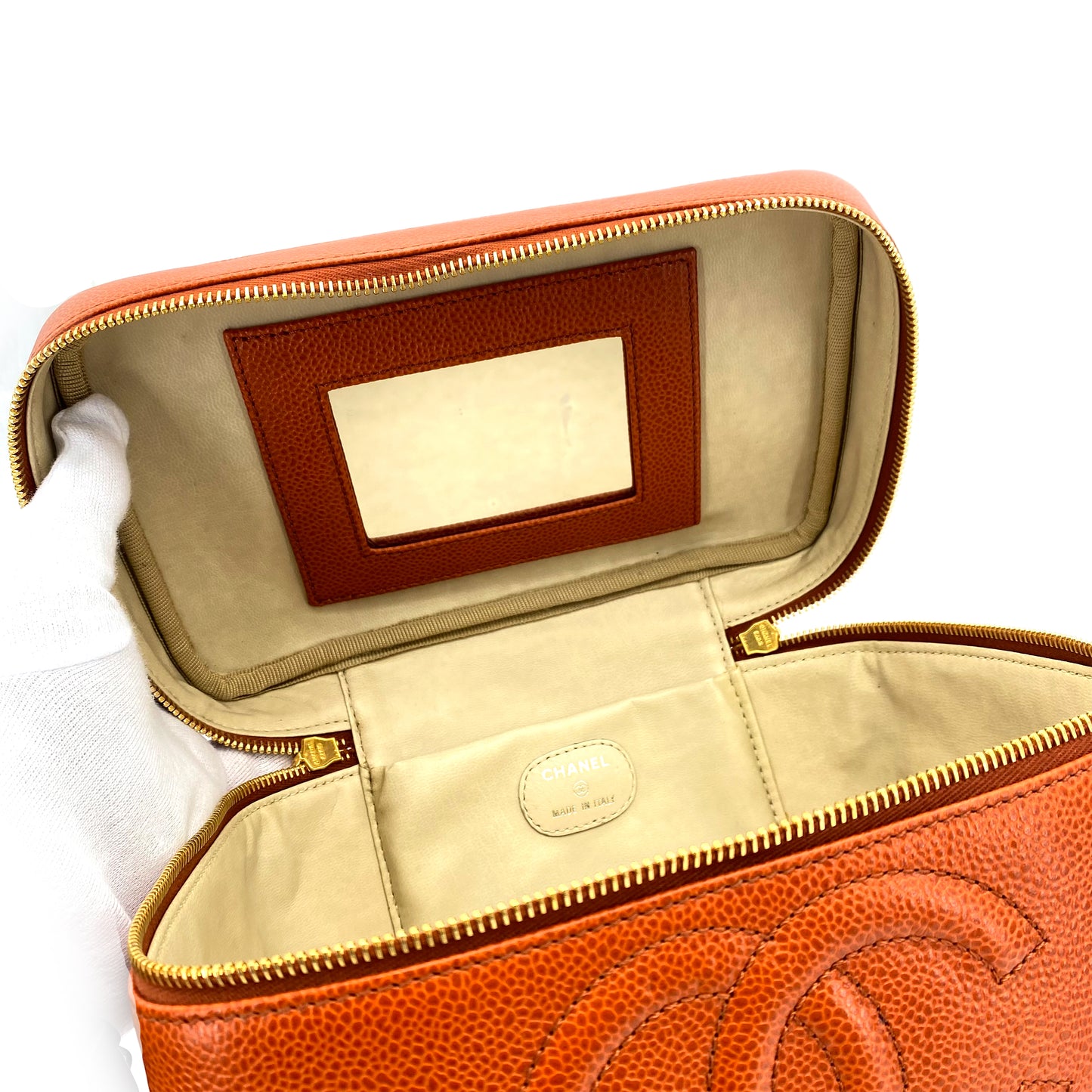 CHANEL VINTAGE VANITY HAND BAG ORANGE CAVIAR SKIN 90242317