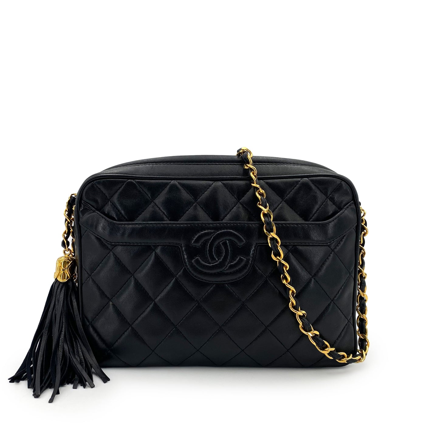 CHANEL VINTAGE FRINGE CHAIN SHOULDER BAG BLACK LAMB SKIN 90242322