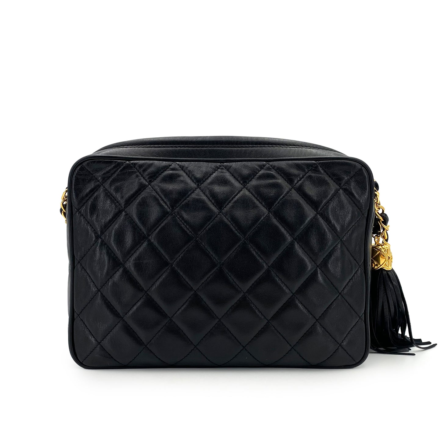 CHANEL VINTAGE FRINGE CHAIN SHOULDER BAG BLACK LAMB SKIN 90242322