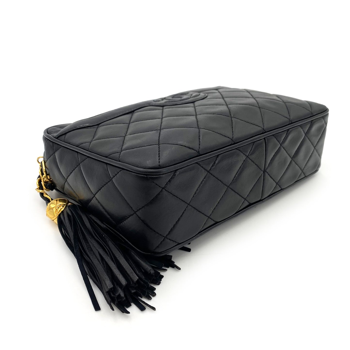 CHANEL VINTAGE FRINGE CHAIN SHOULDER BAG BLACK LAMB SKIN 90242322