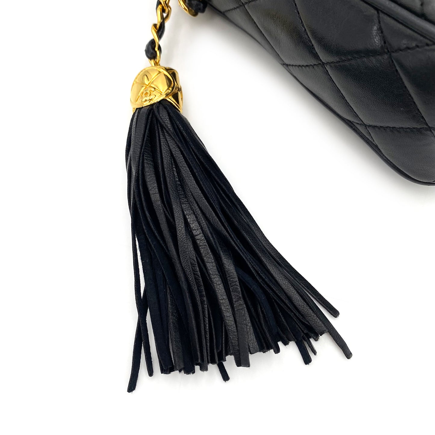 CHANEL VINTAGE FRINGE CHAIN SHOULDER BAG BLACK LAMB SKIN 90242322