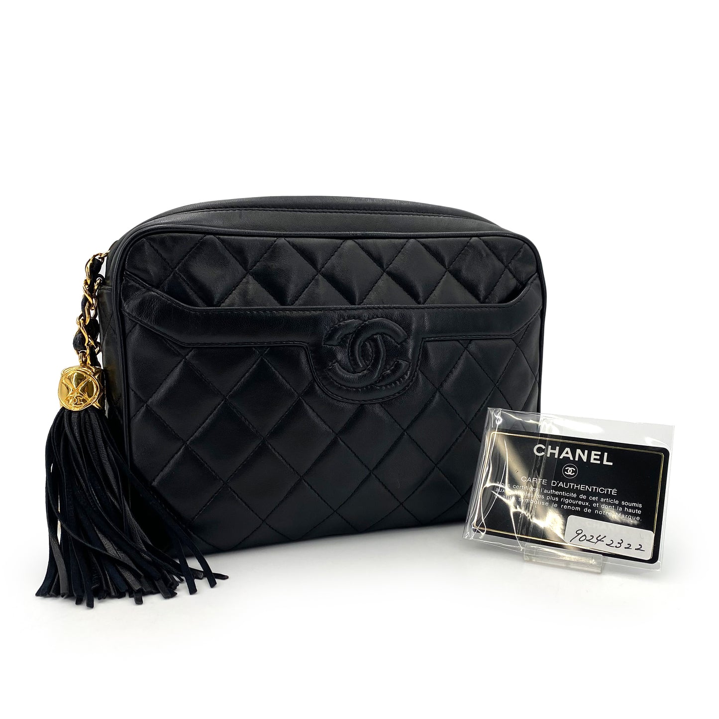 CHANEL VINTAGE FRINGE CHAIN SHOULDER BAG BLACK LAMB SKIN 90242322