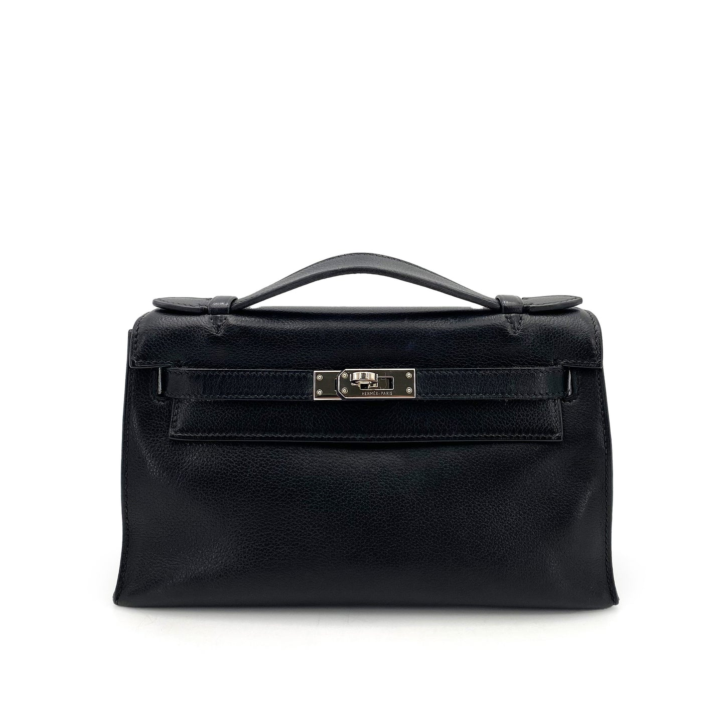 HERMES KELLY POCHETTE SELLIER BLACK EVERGRAIN HAND BAG □I 90242327