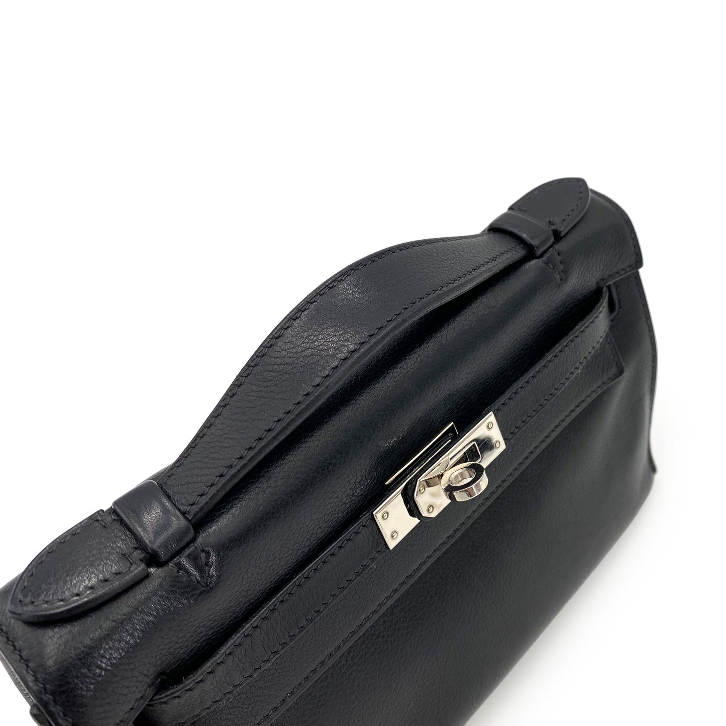 HERMES KELLY POCHETTE SELLIER BLACK EVERGRAIN HAND BAG □I 90242327