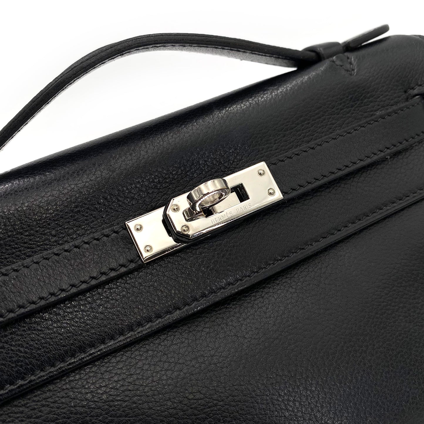 HERMES KELLY POCHETTE SELLIER BLACK EVERGRAIN HAND BAG □I 90242327
