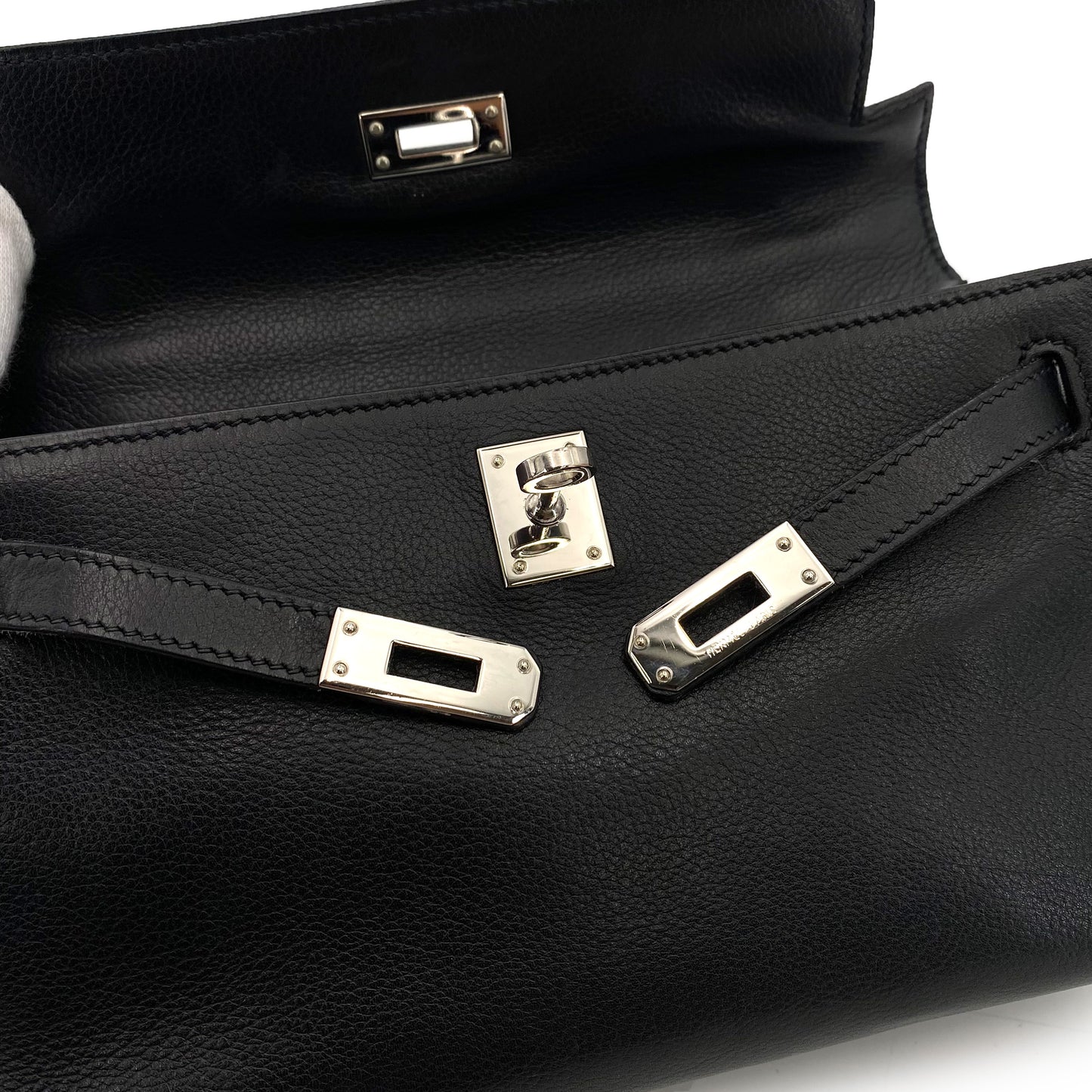 HERMES KELLY POCHETTE SELLIER BLACK EVERGRAIN HAND BAG □I 90242327