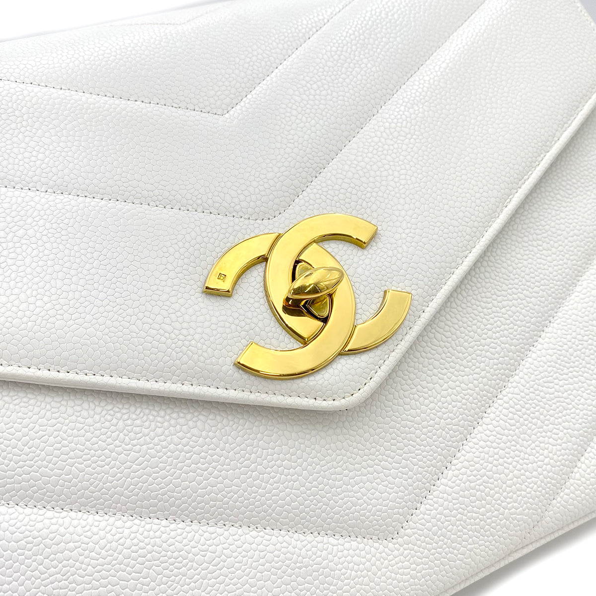 CHANEL VINTAGE CHEVRON CHAIN SHOULDER BAG WHITE CAVIER SKIN 90242330