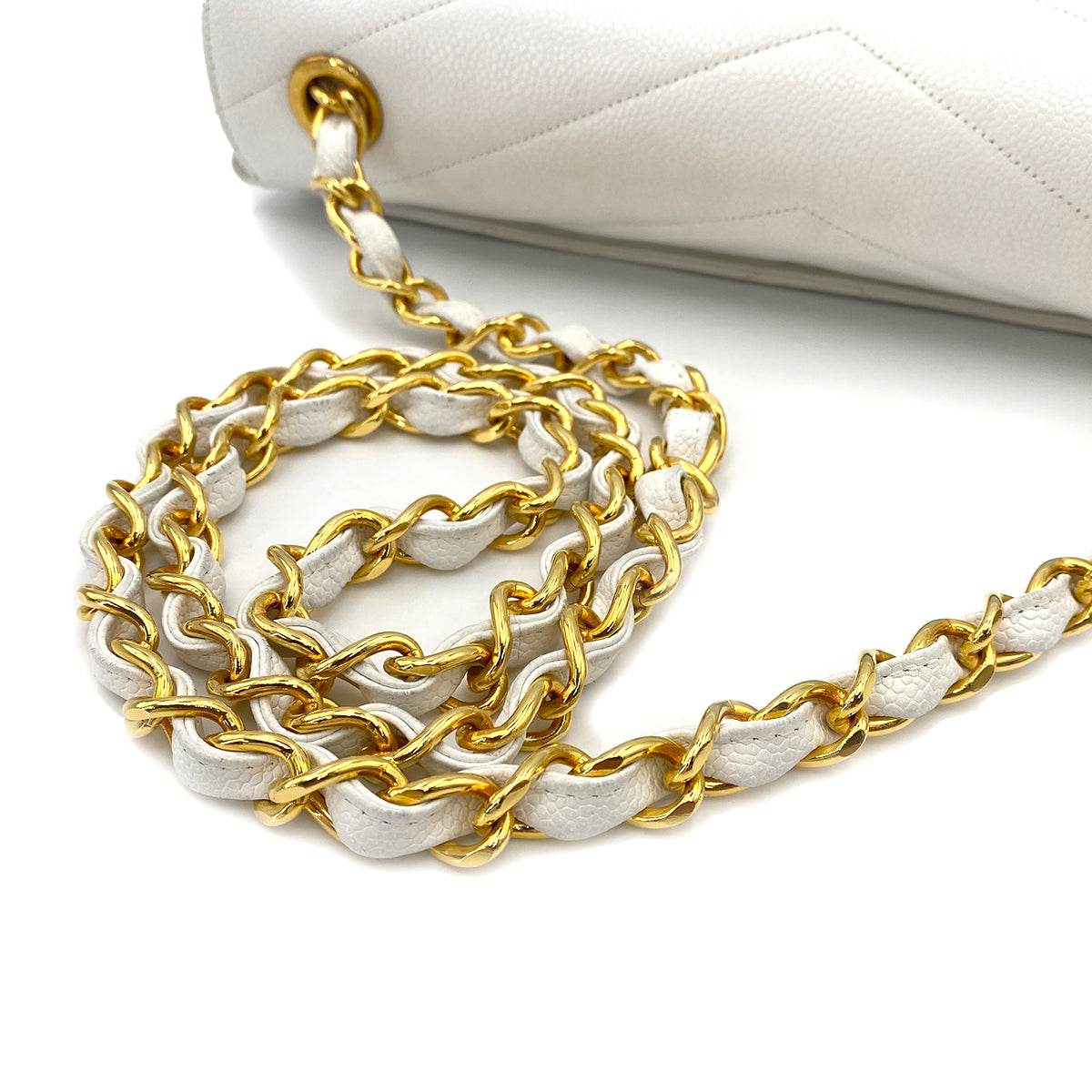 CHANEL VINTAGE CHEVRON CHAIN SHOULDER BAG WHITE CAVIER SKIN 90242330