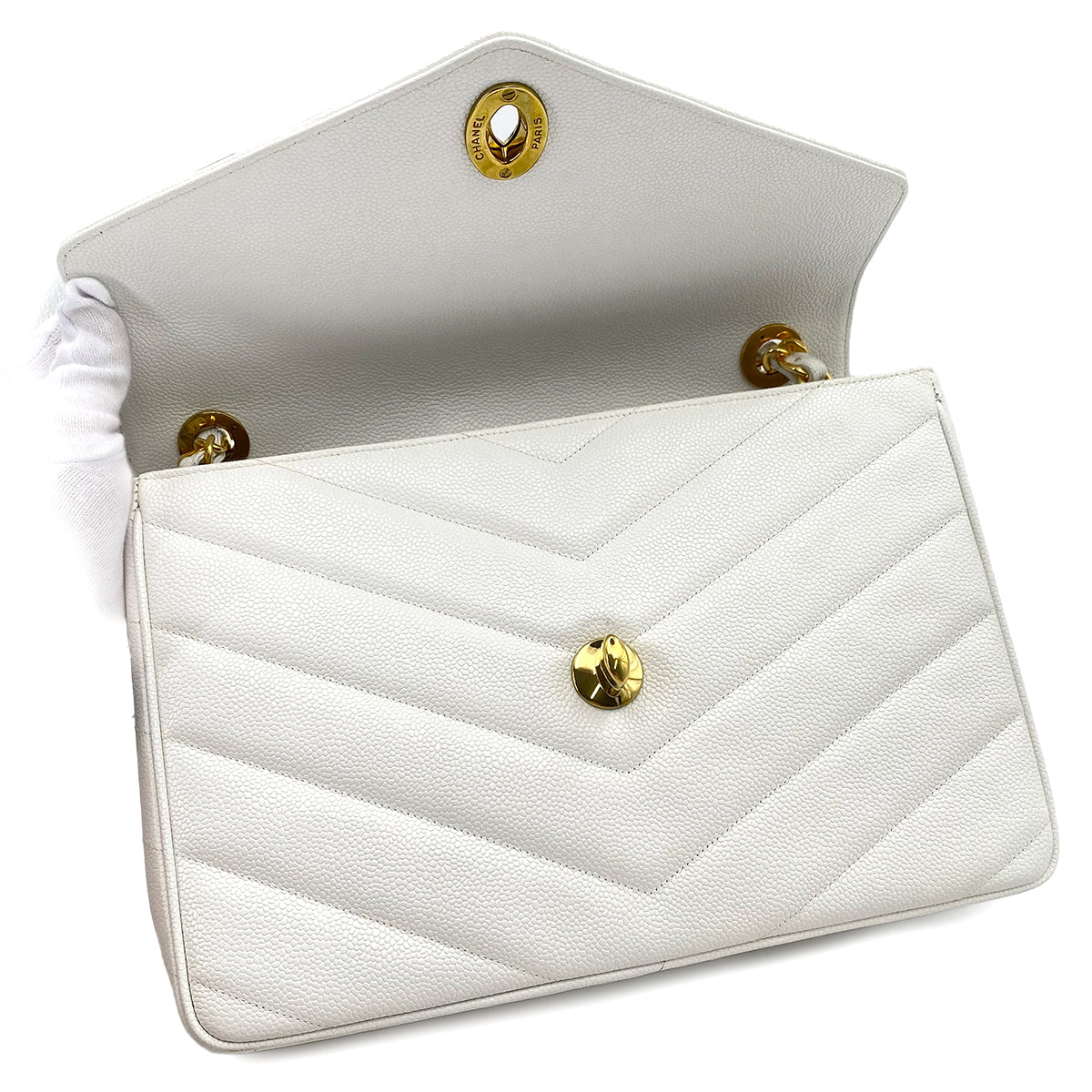 CHANEL VINTAGE CHEVRON CHAIN SHOULDER BAG WHITE CAVIER SKIN 90242330