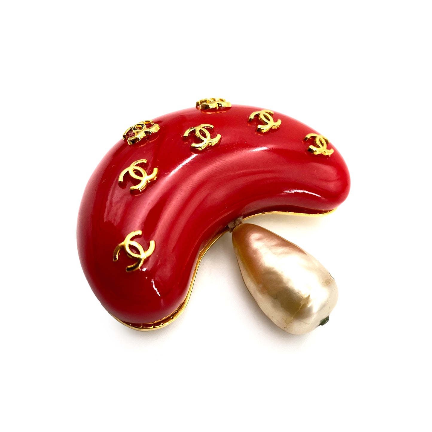 CHANEL VINTAGE BROOCH COCOMARK MUSHROOM MOTIF RED FAUX PEARL ACCESSORY 2/8 90242333