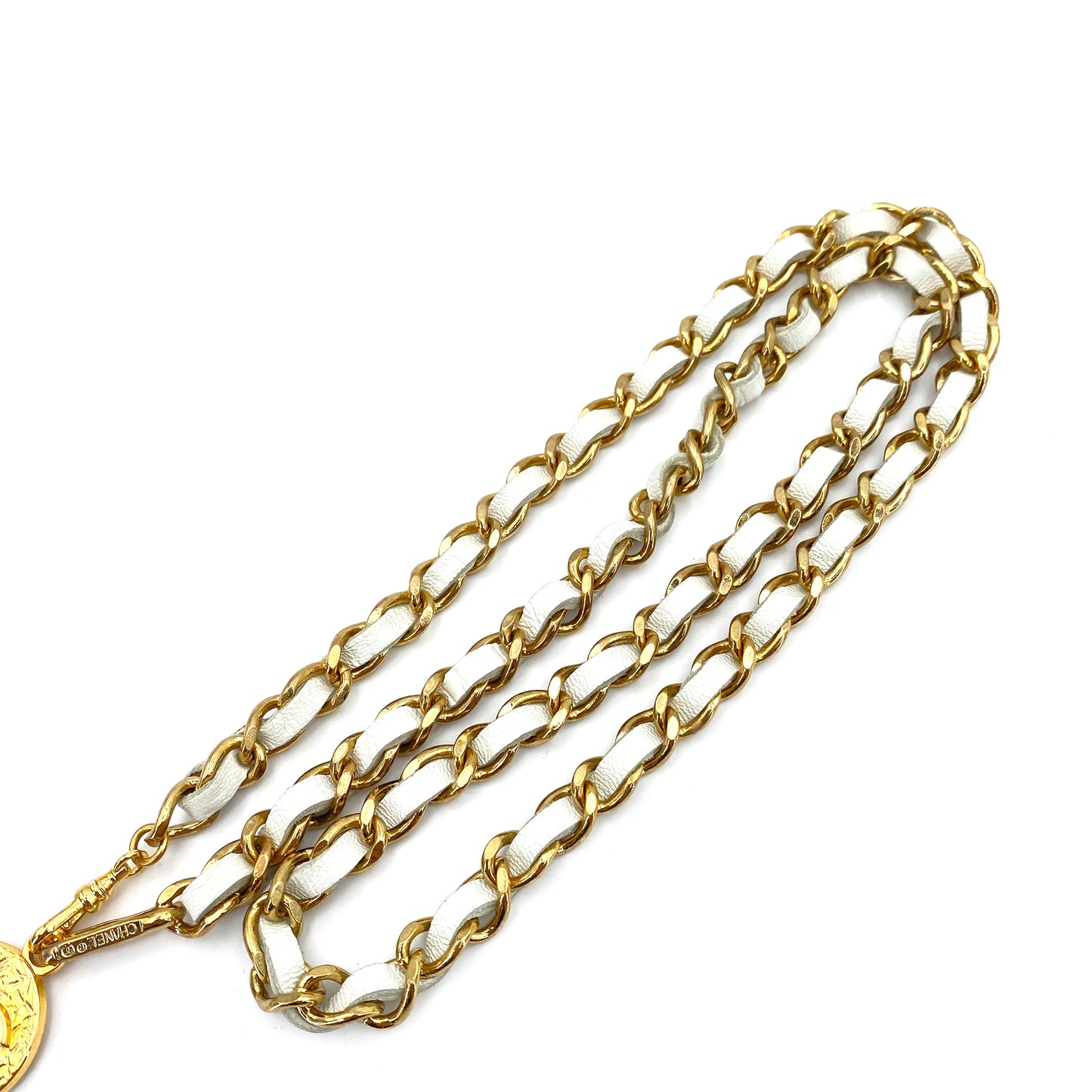 CHANEL VINTAGE CHAIN BELT WHITE LEATHER COCOMARK ACCESSORY 90242340