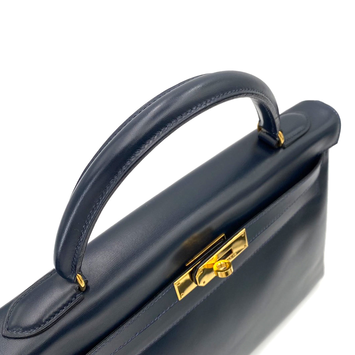 HERMES KELLY 32 RETOURNE BLUE INDIGO BOXCALF HAND SHOULDER BAG 〇W 90242646