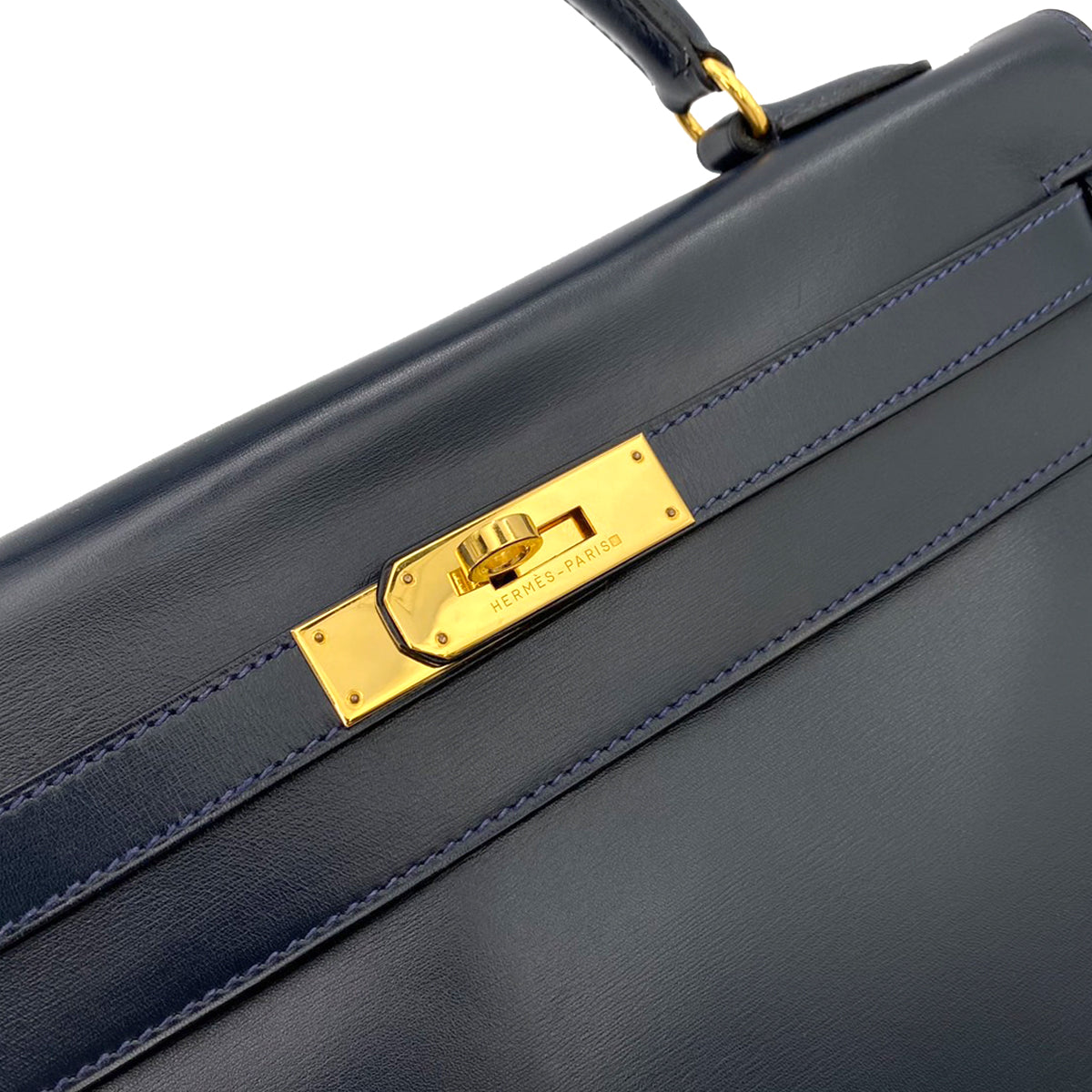 HERMES KELLY 32 RETOURNE BLUE INDIGO BOXCALF HAND SHOULDER BAG 〇W 90242646