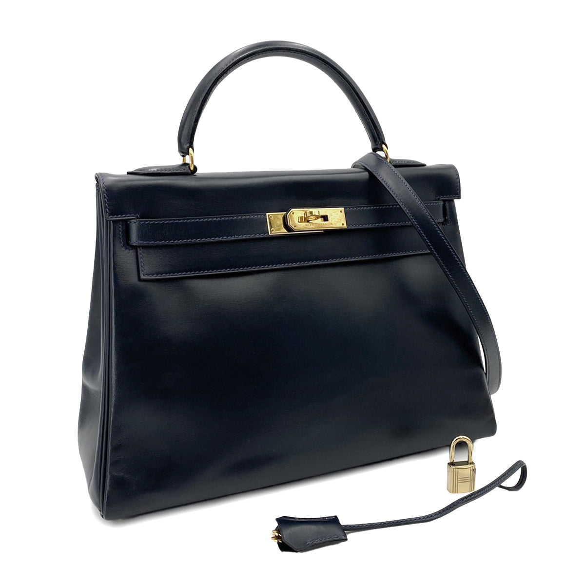 HERMES KELLY 32 RETOURNE BLUE INDIGO BOXCALF HAND SHOULDER BAG 〇W 90242646