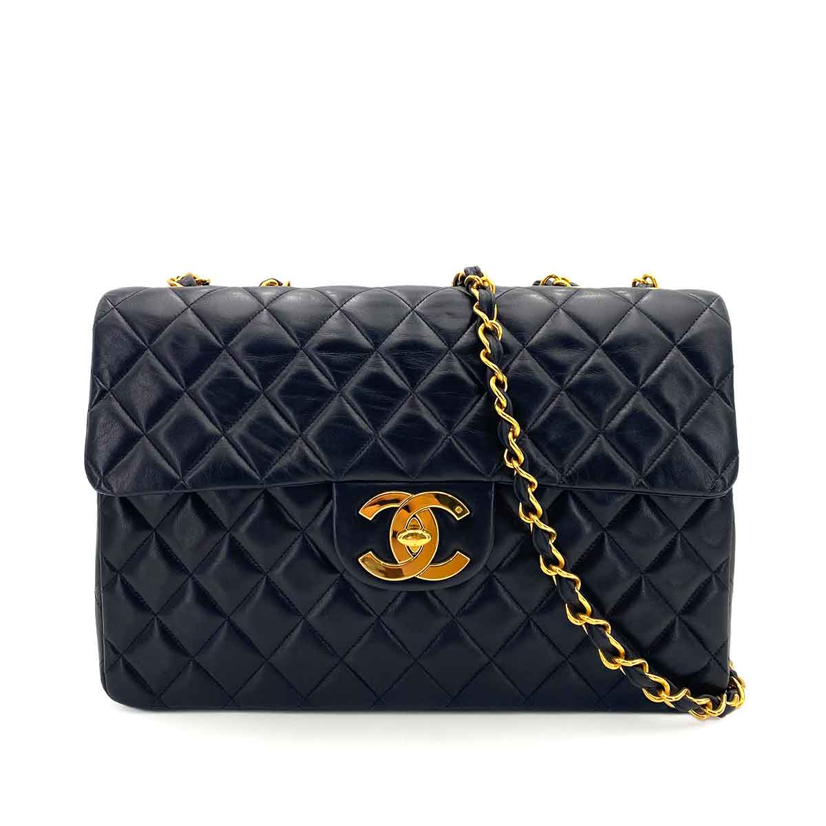 CHANEL VINTAGE MAXI MATELASSE 34 CHAIN SHOULDER BAG BLACK LAMB SKIN 90242647