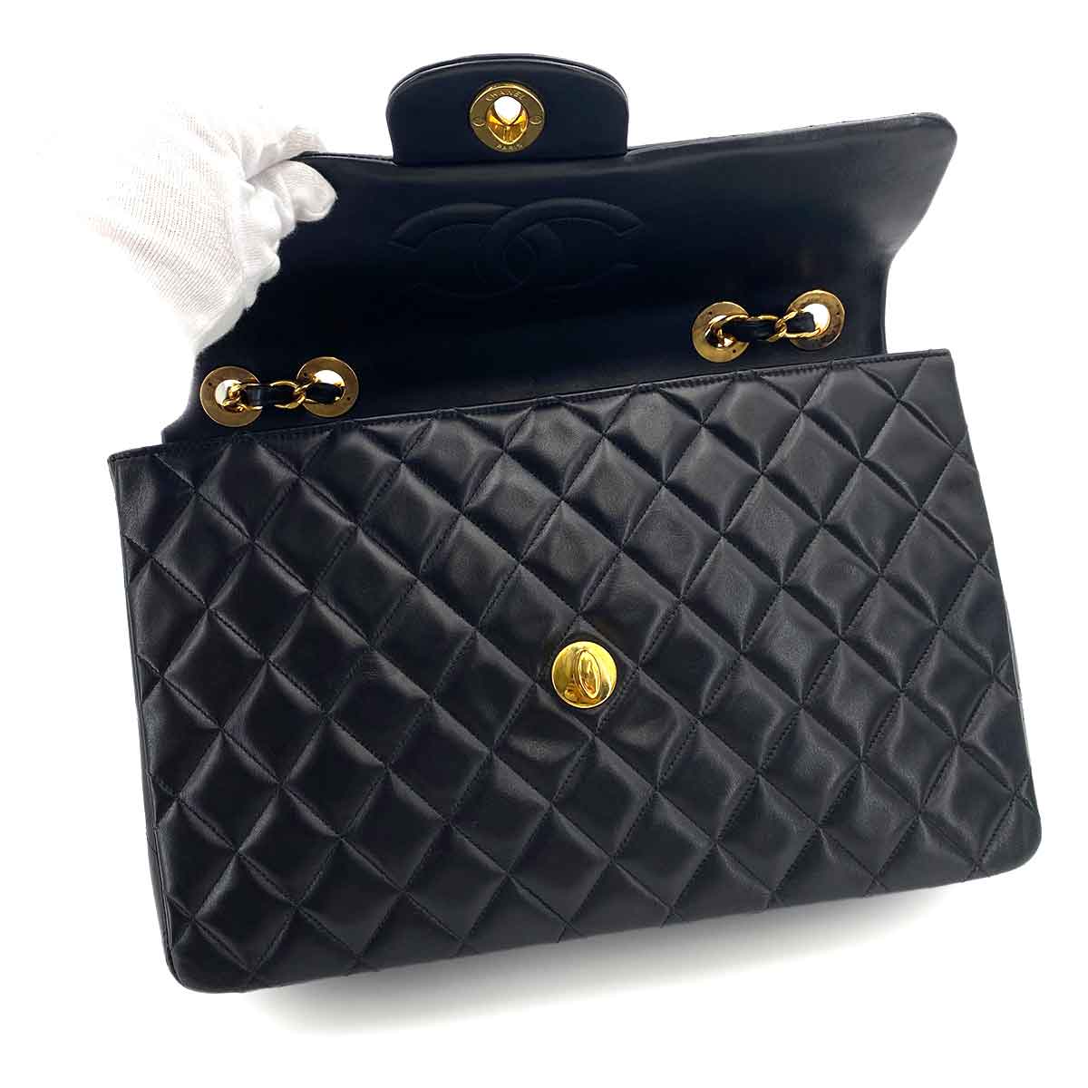 CHANEL VINTAGE MAXI MATELASSE 34 CHAIN SHOULDER BAG BLACK LAMB SKIN 90242647