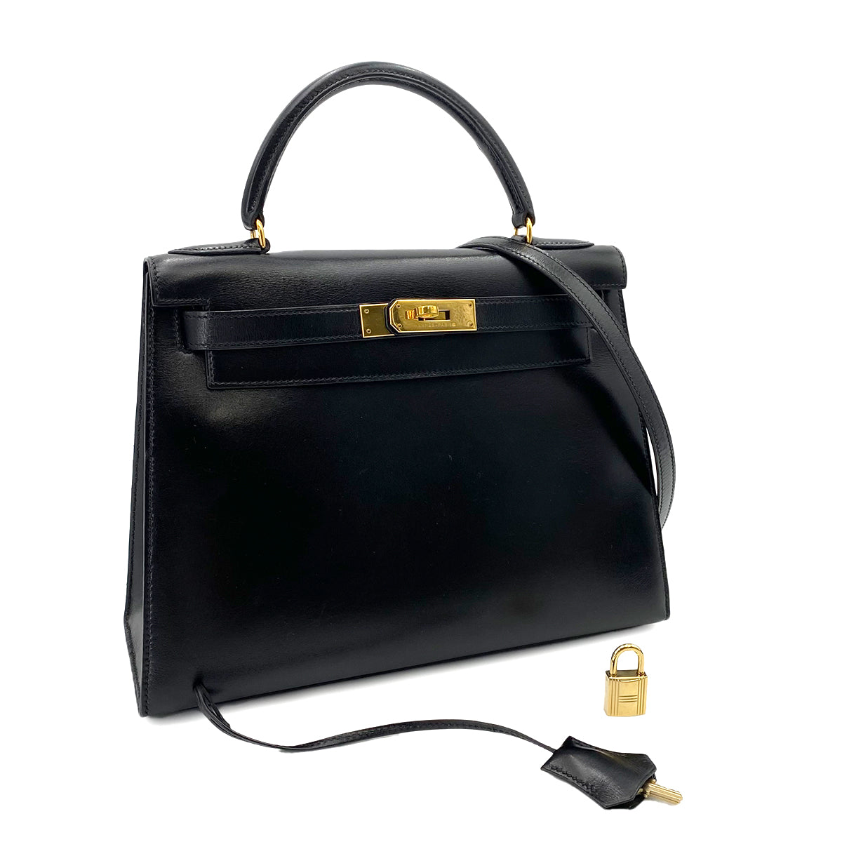 HERMES KELLY 28 SELLIER BLACK BOXCALF HAND SHOULDER BAG 〇V 90242655