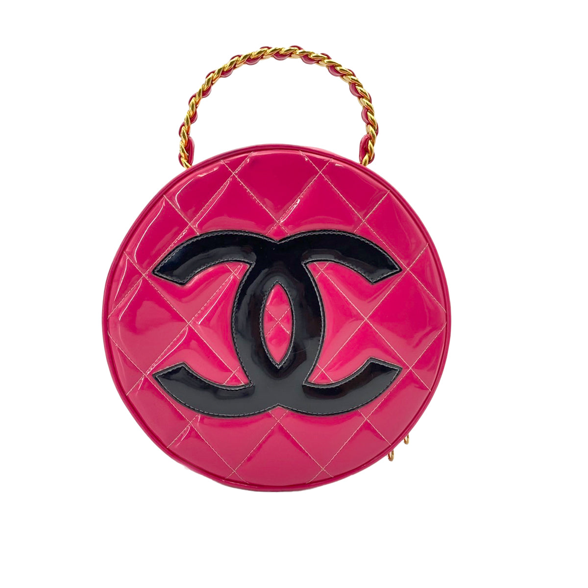 CHANEL VINTAGE MATELASSE ROUND VANITY HAND BAG PINK ENAMEL 90242659