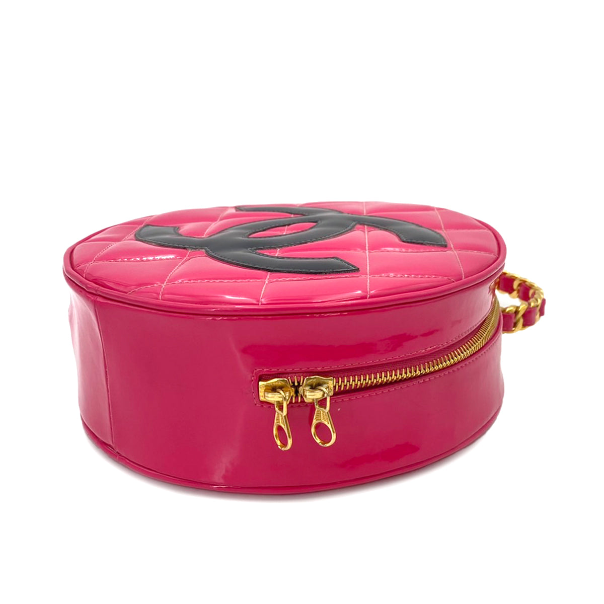 CHANEL VINTAGE MATELASSE ROUND VANITY HAND BAG PINK ENAMEL 90242659