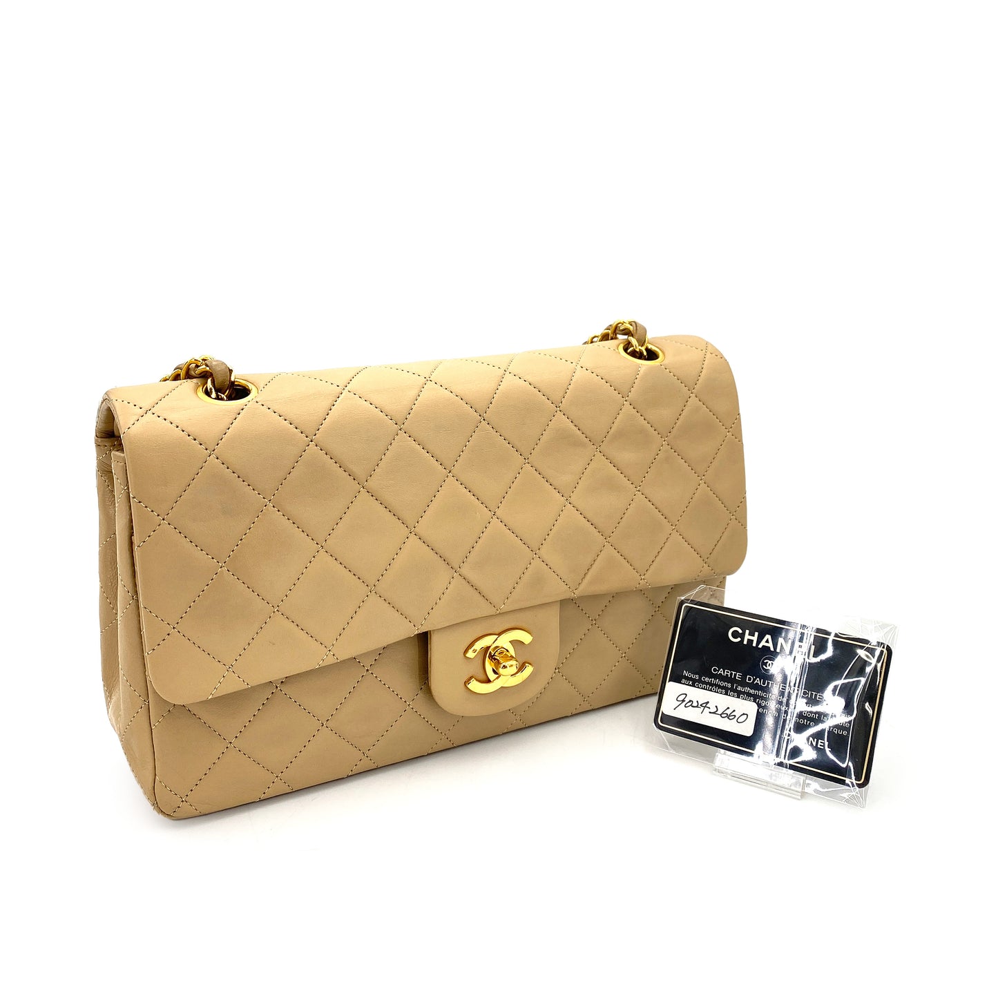 CHANEL VINTAGE CLASSIC FLAP MEDIUM CHAIN SHOULDER BAG BEIGE LAMB SKIN 90242660