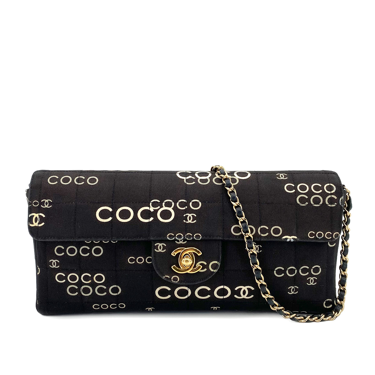 CHANEL VINTAGE CHOCOLATE BAR COCO PRINT CHAIN SHOULDER BAG BLACK CANVAS 90242662