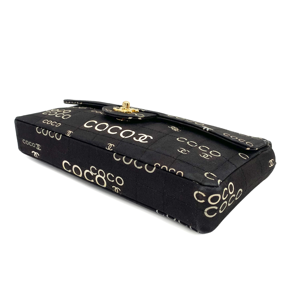 CHANEL VINTAGE CHOCOLATE BAR COCO PRINT CHAIN SHOULDER BAG BLACK CANVAS 90242662