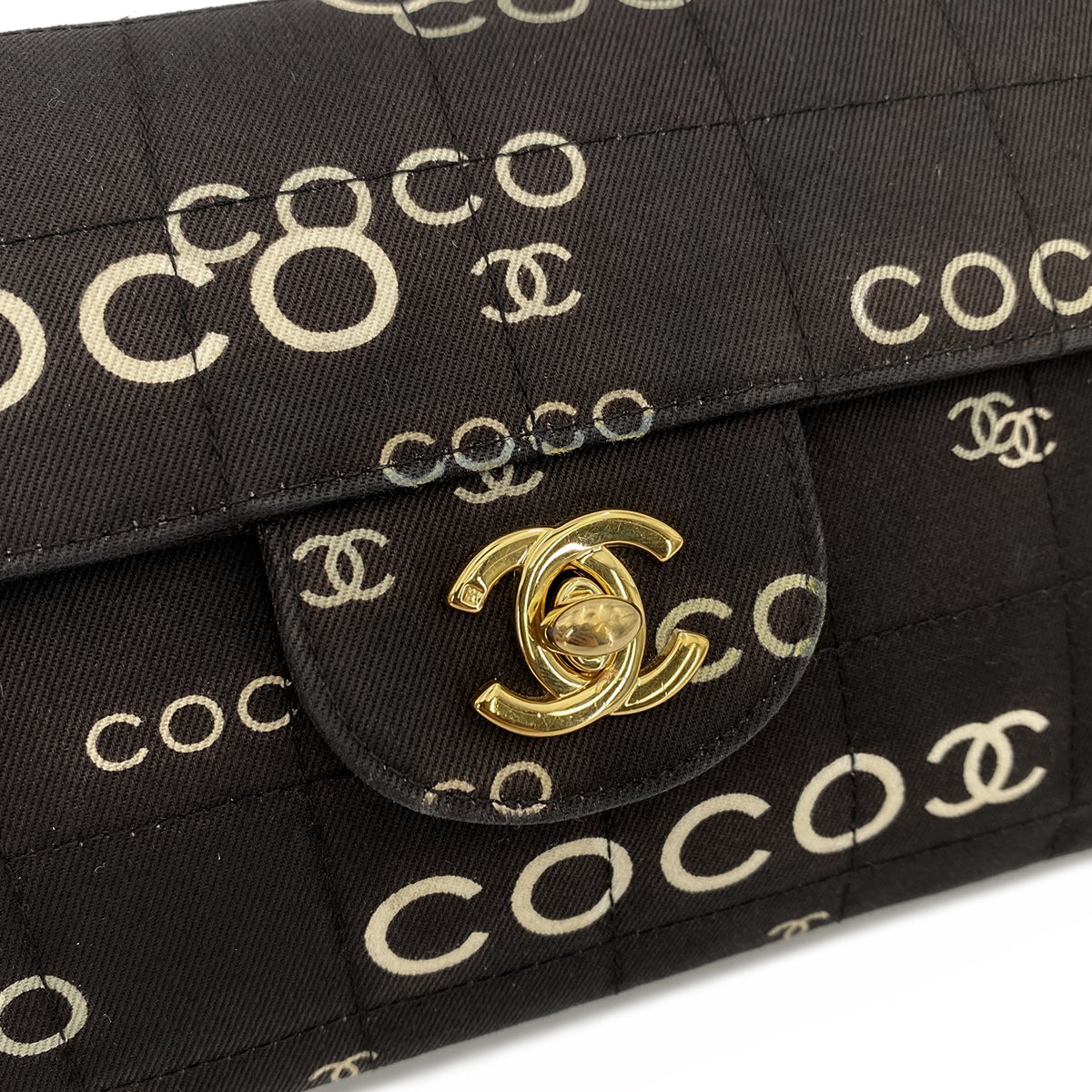 CHANEL VINTAGE CHOCOLATE BAR COCO PRINT CHAIN SHOULDER BAG BLACK CANVAS 90242662
