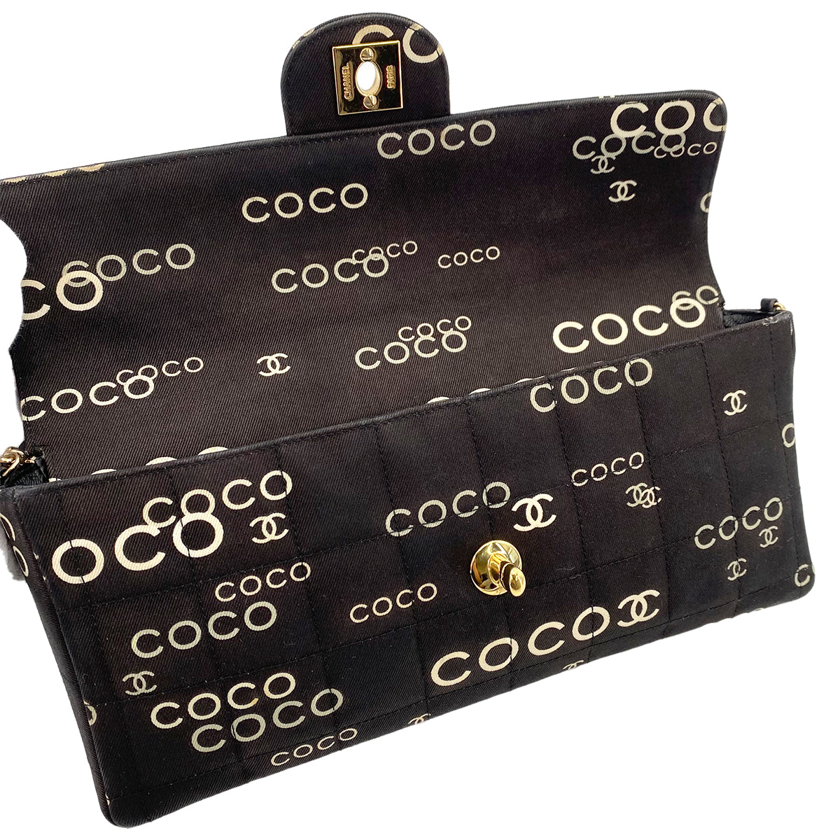 CHANEL VINTAGE CHOCOLATE BAR COCO PRINT CHAIN SHOULDER BAG BLACK CANVAS 90242662