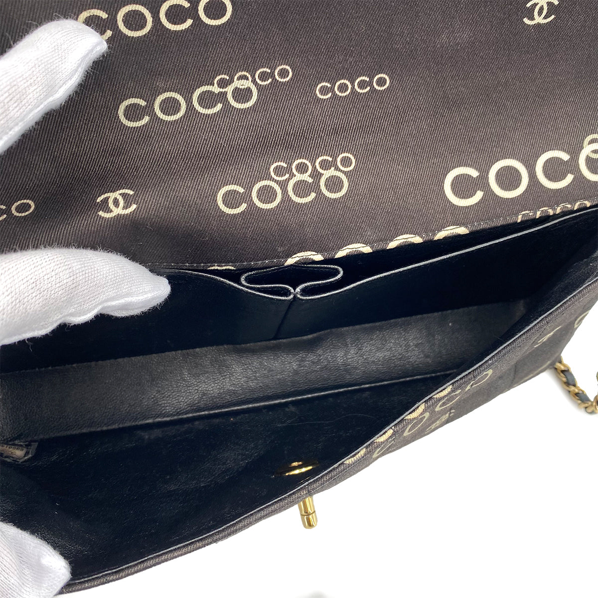 CHANEL VINTAGE CHOCOLATE BAR COCO PRINT CHAIN SHOULDER BAG BLACK CANVAS 90242662