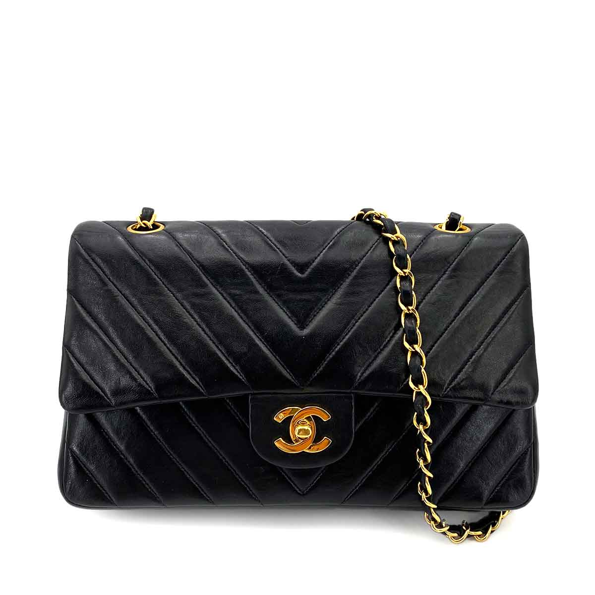 CHANEL VINTAGE CHEVRON DOUBLE FLAP CHAIN SHOULDER BAG BLACK LAMB SKIN 90242667