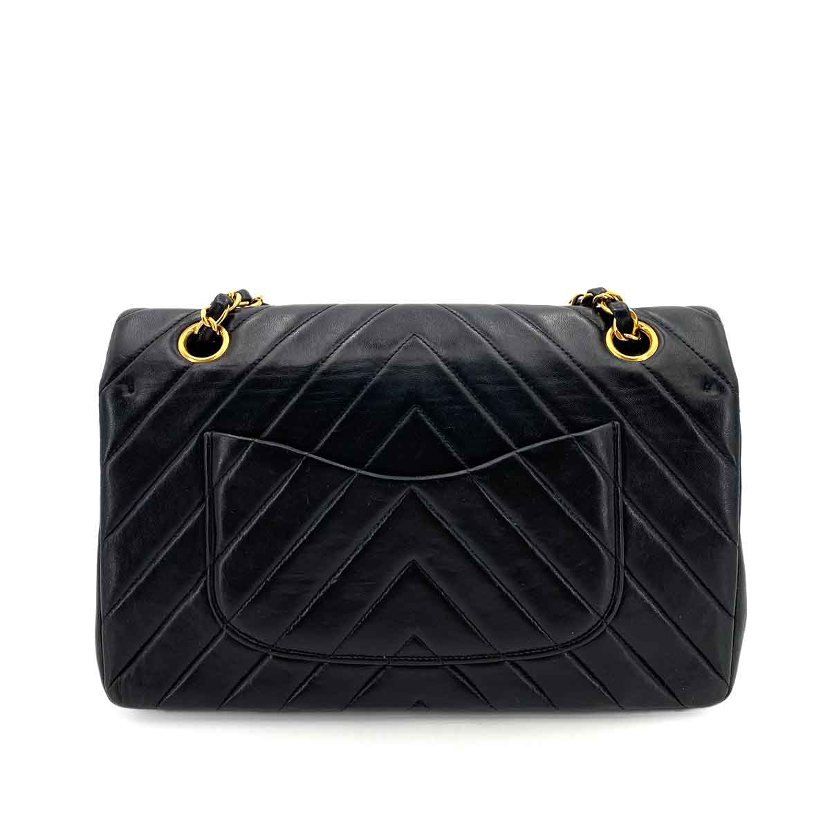 CHANEL VINTAGE CHEVRON DOUBLE FLAP CHAIN SHOULDER BAG BLACK LAMB SKIN 90242667