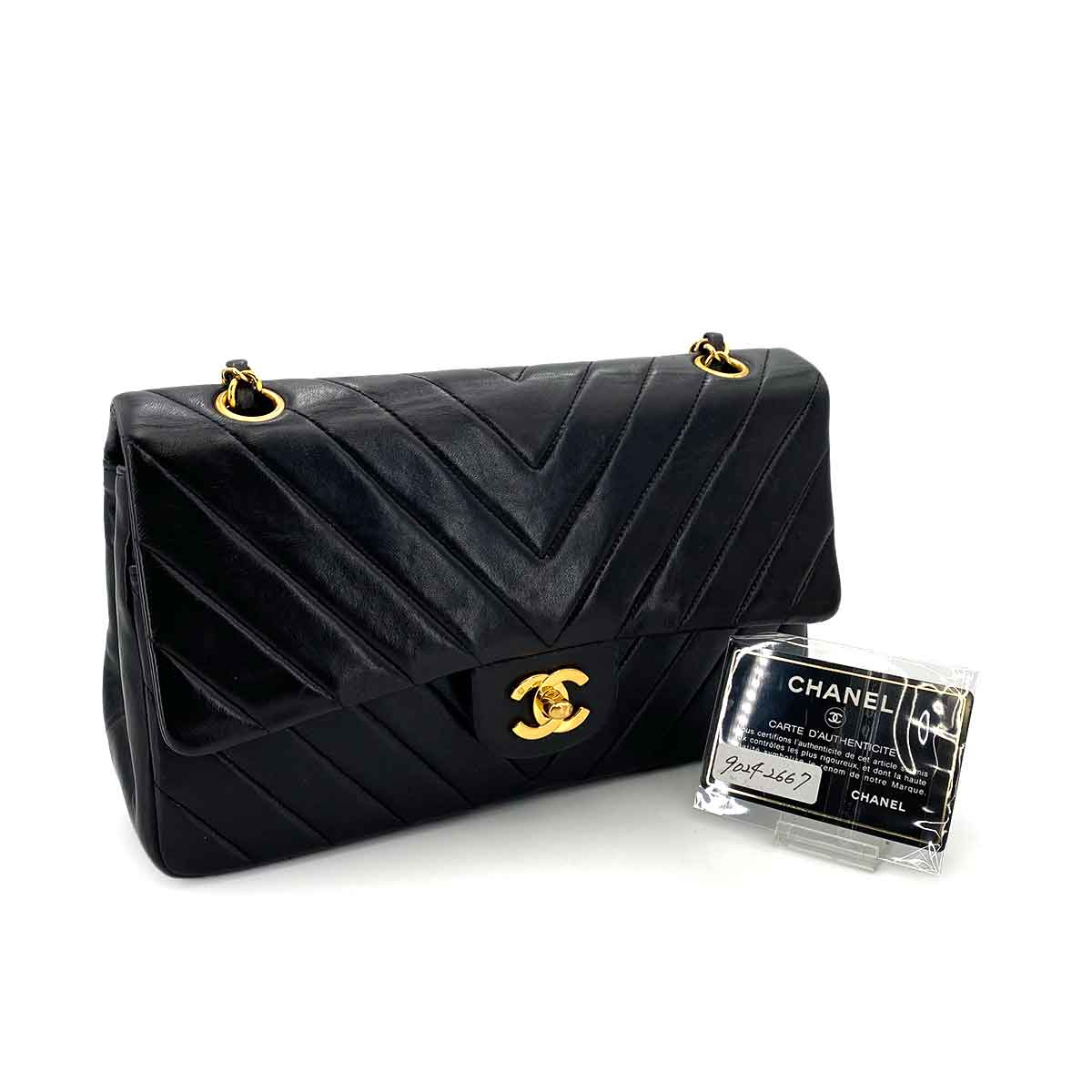 CHANEL VINTAGE CHEVRON DOUBLE FLAP CHAIN SHOULDER BAG BLACK LAMB SKIN 90242667