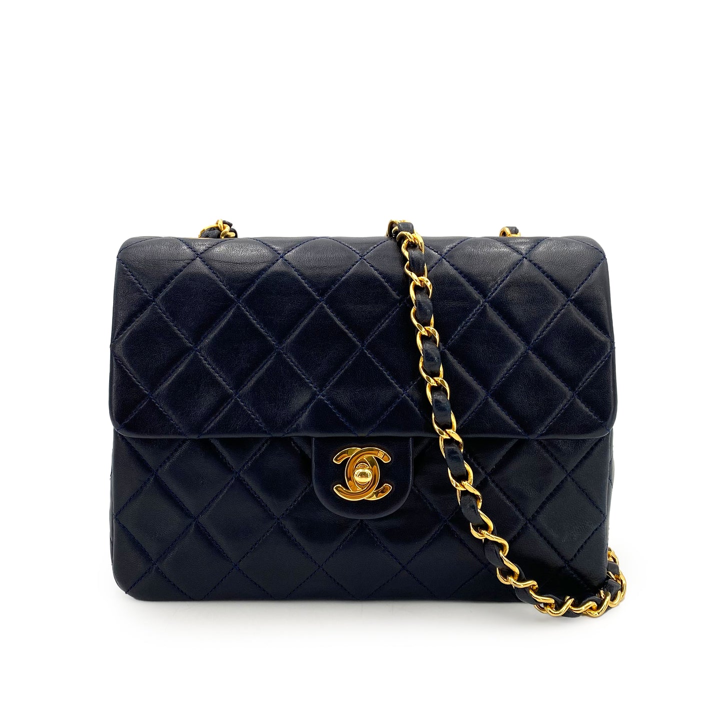 CHANEL VINTAGE MINI SQUARE 20 CHAIN SHOULDER BAG NAVY LAMB SKIN 90242896