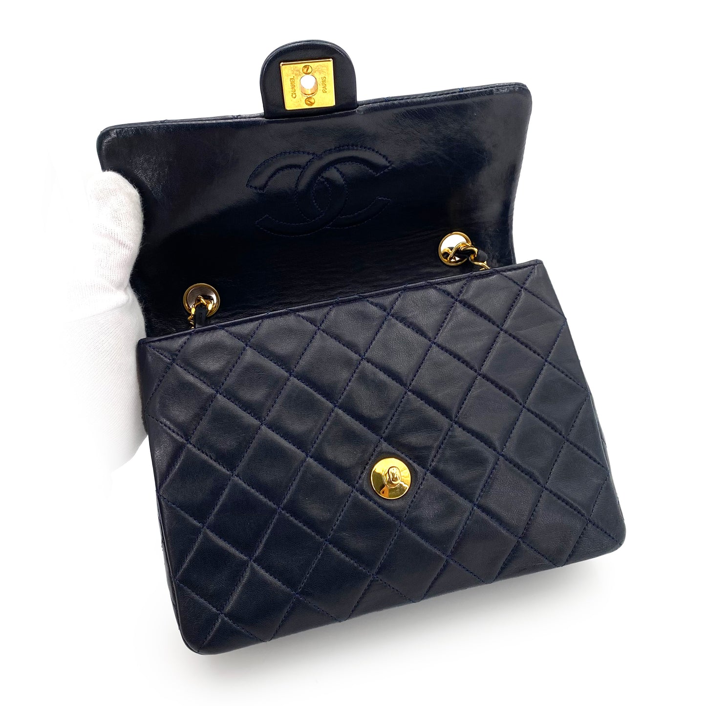 CHANEL VINTAGE MINI SQUARE 20 CHAIN SHOULDER BAG NAVY LAMB SKIN 90242896
