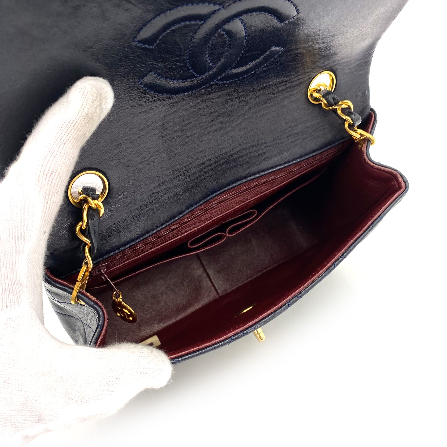 CHANEL VINTAGE MINI SQUARE 20 CHAIN SHOULDER BAG NAVY LAMB SKIN 90242896