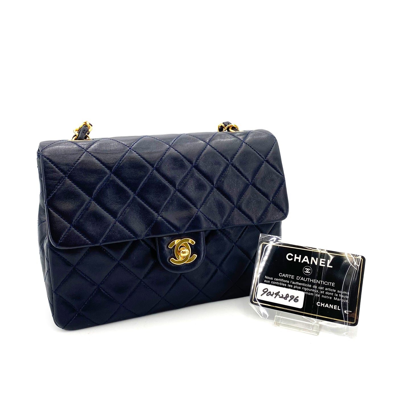 CHANEL VINTAGE MINI SQUARE 20 CHAIN SHOULDER BAG NAVY LAMB SKIN 90242896