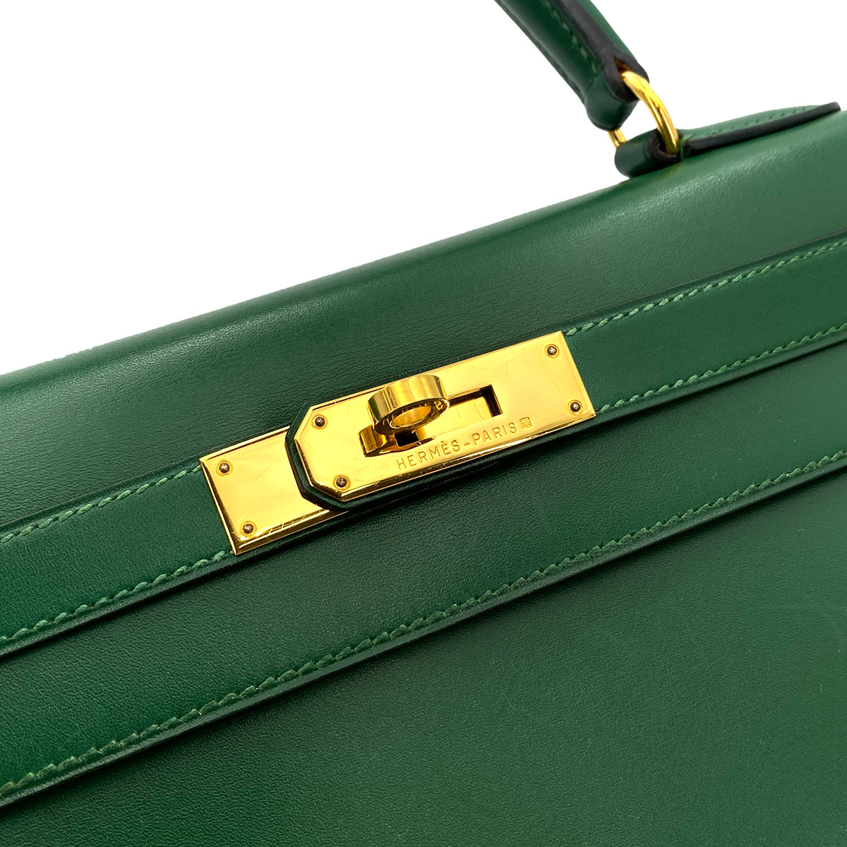HERMES KELLY 28 SELLIER GREEN BOXCALF HAND BAG □B 90242904