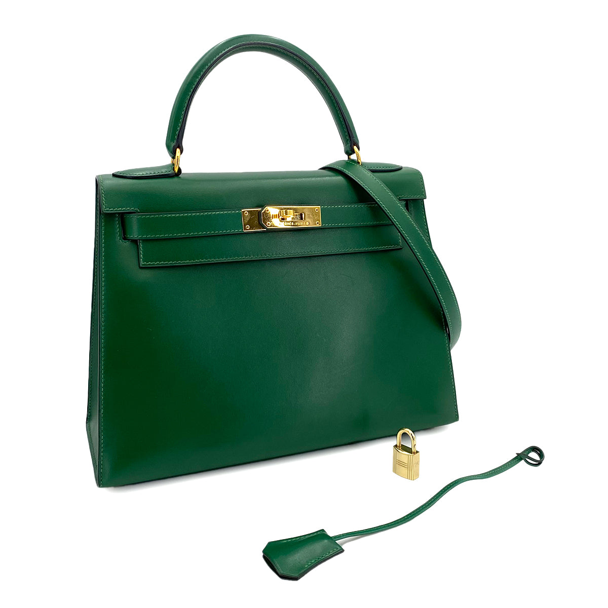 HERMES KELLY 28 SELLIER GREEN BOXCALF HAND BAG □B 90242904