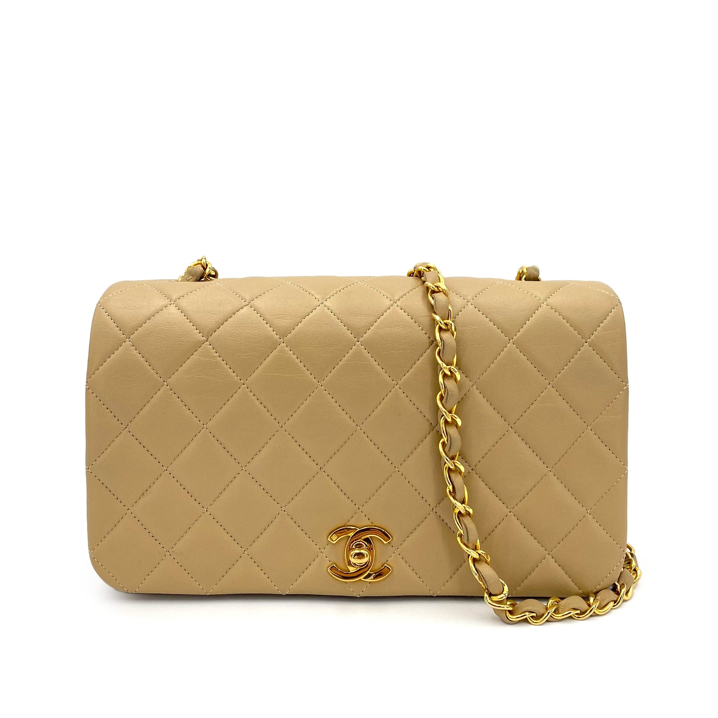 CHANEL VINTAGE FULL FLAP CHAIN SHOULDER BAG BEIGE LAMB SKIN 90242948