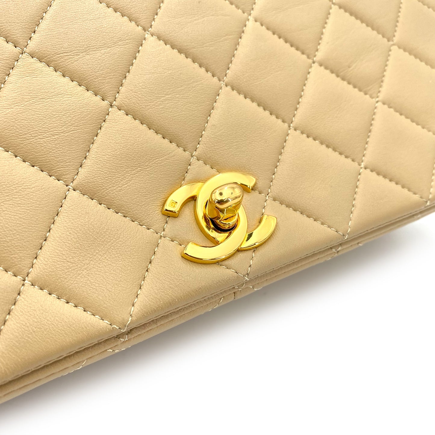 CHANEL VINTAGE FULL FLAP CHAIN SHOULDER BAG BEIGE LAMB SKIN 90242948