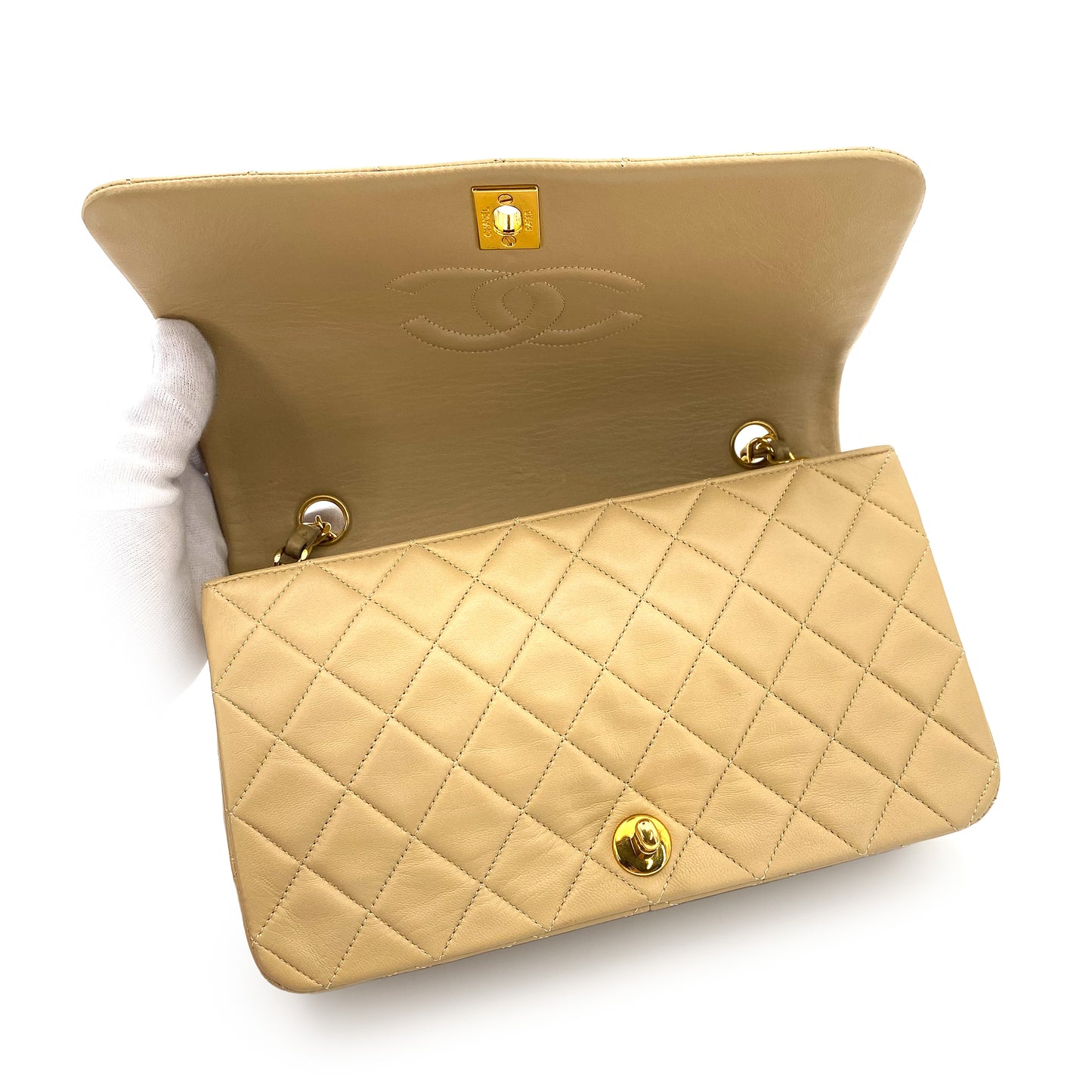 CHANEL VINTAGE FULL FLAP CHAIN SHOULDER BAG BEIGE LAMB SKIN 90242948
