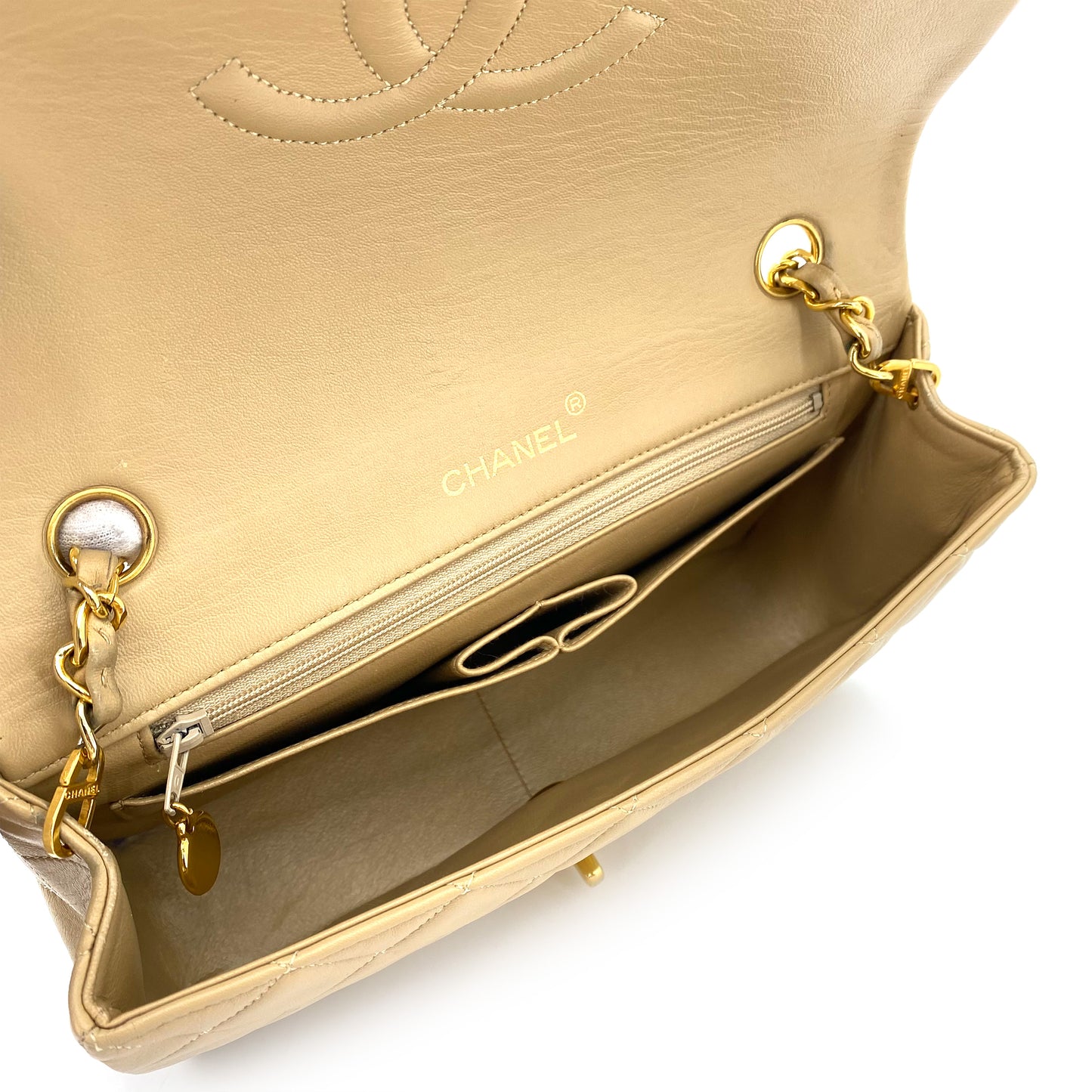 CHANEL VINTAGE FULL FLAP CHAIN SHOULDER BAG BEIGE LAMB SKIN 90242948