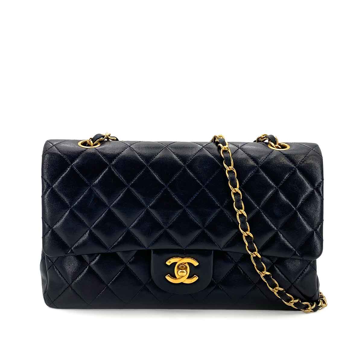 CHANEL VINTAGE CLASSIC FLAP MEDIUM CHAIN SHOULDER BAG NAVY LAMB SKIN 90242950