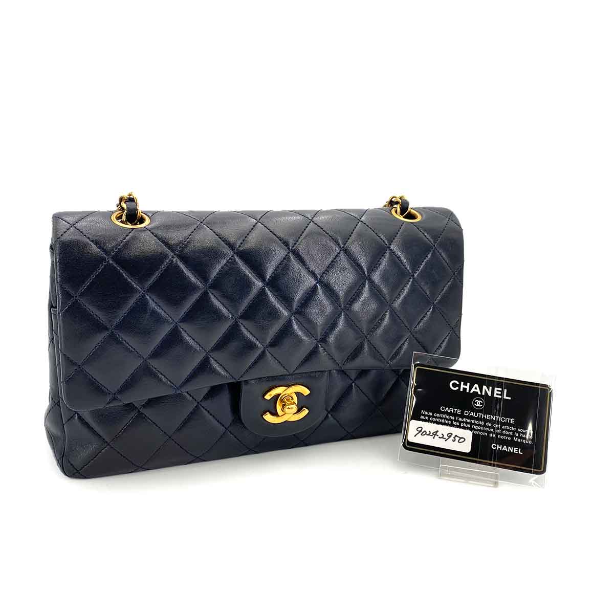 CHANEL VINTAGE CLASSIC FLAP MEDIUM CHAIN SHOULDER BAG NAVY LAMB SKIN 90242950