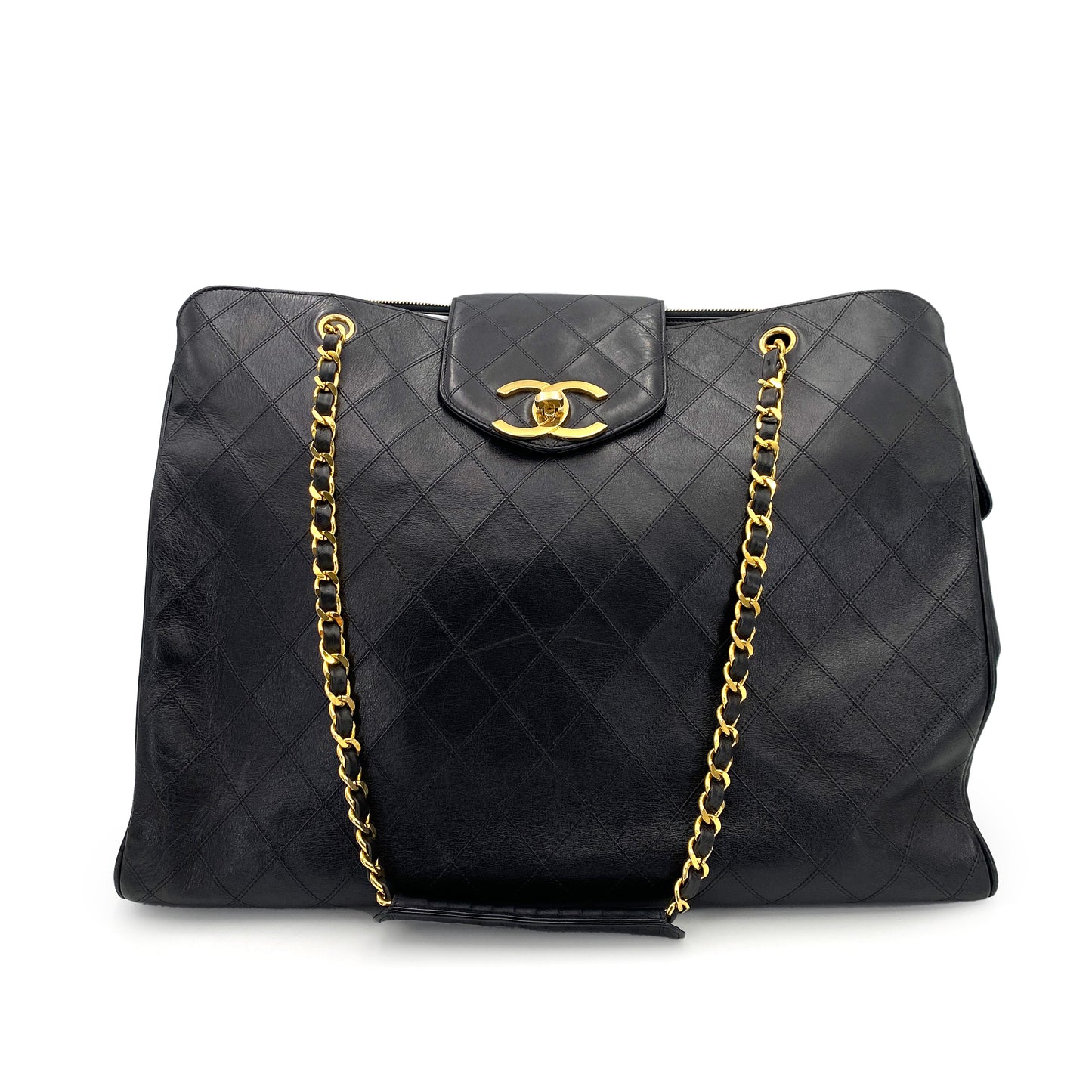 CHANEL VINTAGE SUPER MODEL BICOLORE CHAIN TOTE BAG BLACK LAMB SKIN 90242956