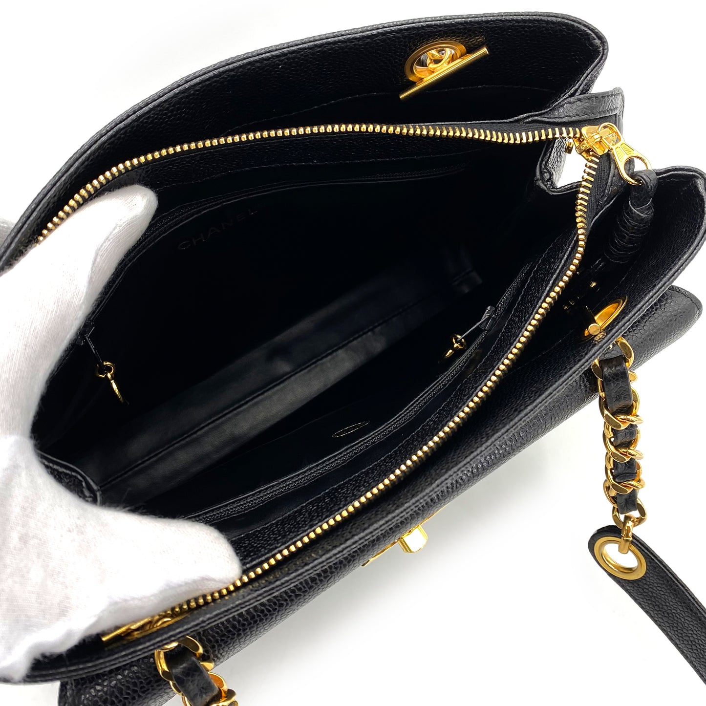 CHANEL VINTAGE CHAIN TOTE BAG BLACK CAVIAR SKIN 90242957