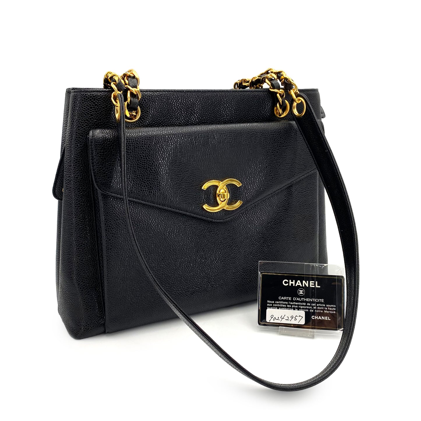 CHANEL VINTAGE CHAIN TOTE BAG BLACK CAVIAR SKIN 90242957