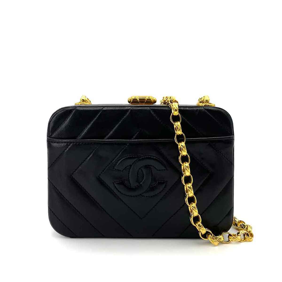 CHANEL VINTAGE DIA STITCH BIJOU CHAIN SHOULDER BAG BLACK LAMB SKIN 90242959
