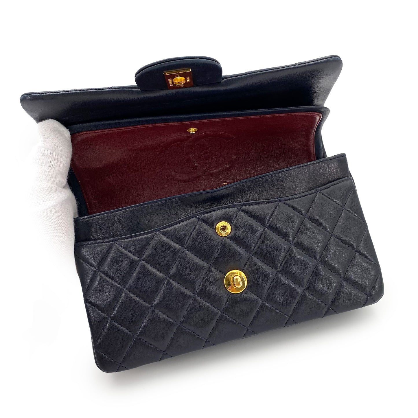 CHANEL VINTAGE CLASSIC FLAP SMALL CHAIN SHOULDER BAG NAVY LAMB SKIN 90242961